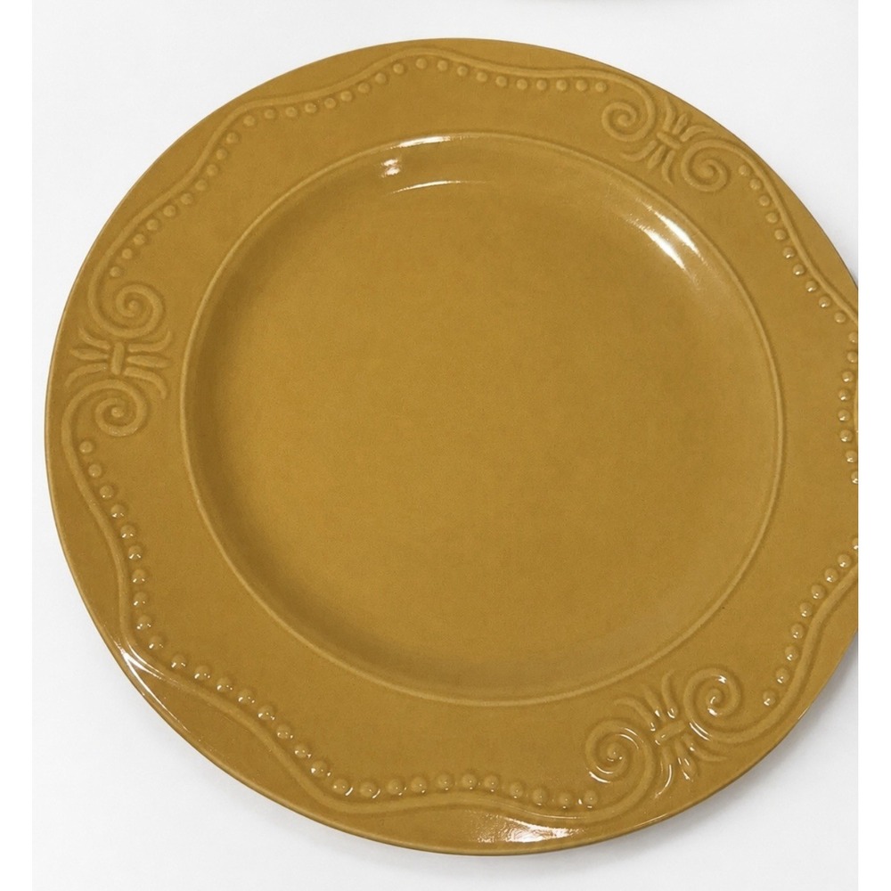 ISABELLA By Kennex Set of 6 Dinner Plates Mustard Embossed Scroll & dot Rim